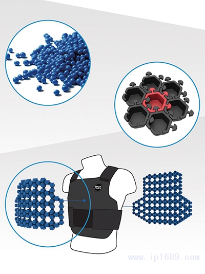 基于使用熱塑寶&reg;-K熱塑性彈性體模制的六方錐鑄模開發的模塊化緩沖墊技術，具備彈性、聯鎖和全鉸接等特性，可應用于包括運動服、個人防護設備、醫療、建筑及輪胎在內的多個行業的各類應用1